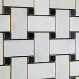 Oriental White / Asian Statuary Marble Polished Basketweave Mosaic Tile w/ Black Dots