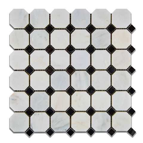 Oriental White / Asian Statuary Marble Honed Octagon Mosaic Tile w/ Black Dots
