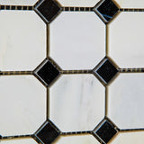 Oriental White / Asian Statuary Marble Polished Octagon Mosaic Tile w/ Black Dots - American Tile Depot - Commercial and Residential (Interior & Exterior), Indoor, Outdoor, Shower, Backsplash, Bathroom, Kitchen, Deck & Patio, Decorative, Floor, Wall, Ceiling, Powder Room - 3