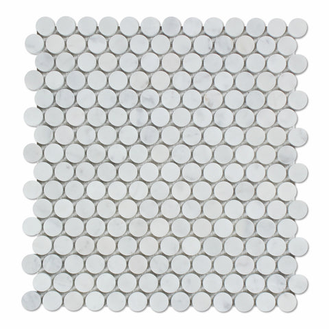 Carrara White Marble Polished Penny Round Mosaic Tile - American Tile Depot - Commercial and Residential (Interior & Exterior), Indoor, Outdoor, Shower, Backsplash, Bathroom, Kitchen, Deck & Patio, Decorative, Floor, Wall, Ceiling, Powder Room - 1