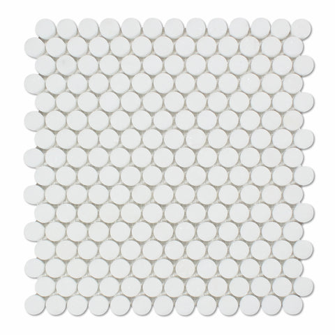 Thassos White Marble Honed Penny Round Mosaic Tile - American Tile Depot - Commercial and Residential (Interior & Exterior), Indoor, Outdoor, Shower, Backsplash, Bathroom, Kitchen, Deck & Patio, Decorative, Floor, Wall, Ceiling, Powder Room