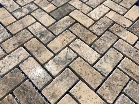 Silver Travertine Tumbled 1 X 2 Herringbone Mosaic Tile