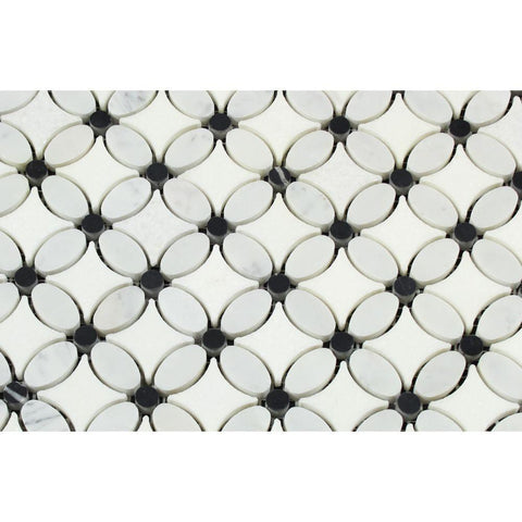Thassos White Marble Polished Florida Flower Mosaic Tile w/Black Dots