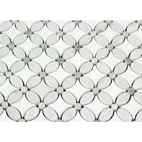 Thassos White Marble Honed Florida Flower Mosaic Tile w/ Ming Green Dots