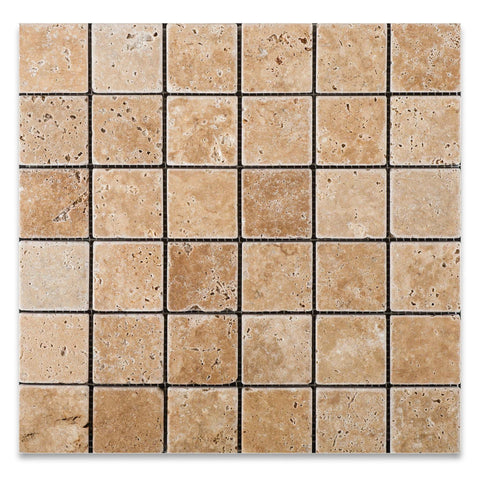 2 X 2 Walnut Travertine Tumbled Mosaic Tile - American Tile Depot - Shower, Backsplash, Bathroom, Kitchen, Deck & Patio, Decorative, Floor, Wall, Ceiling, Powder Room, Indoor, Outdoor, Commercial, Residential, Interior, Exterior
