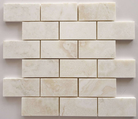 2 X 4 Premium White Onyx CROSS-CUT Polished Brick Mosaic Tile - American Tile Depot - Shower, Backsplash, Bathroom, Kitchen, Deck & Patio, Decorative, Floor, Wall, Ceiling, Powder Room, Indoor, Outdoor, Commercial, Residential, Interior, Exterior