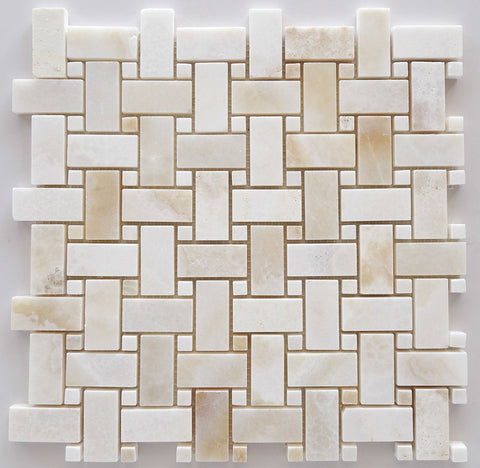 Premium White Onyx CROSS-CUT Basketweave Polished Mosaic Tile White Onyx Dots- American Tile Depot 