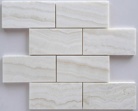 3 X 6 Premium White Onyx VEIN-CUT Polished Subway Brick Field Tile - American Tile Depot - Shower, Backsplash, Bathroom, Kitchen, Deck & Patio, Decorative, Floor, Wall, Ceiling, Powder Room, Indoor, Outdoor, Commercial, Residential, Interior, Exterior