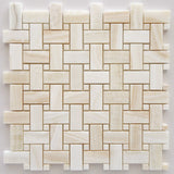 Premium White Onyx VEIN-CUT Basketweave Polished Mosaic Tile w/ White Onyx Dots