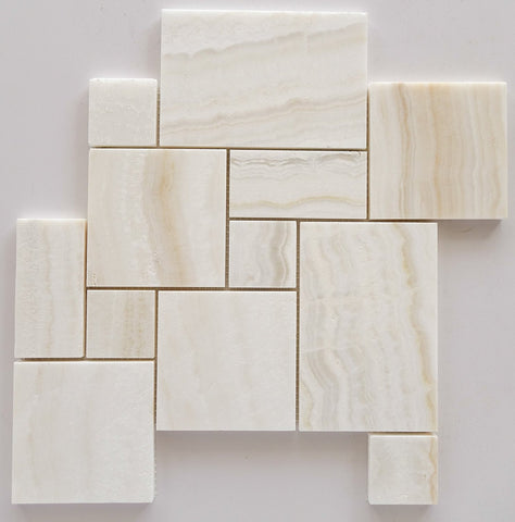 Premium White Onyx VEIN-CUT 4-Pieced OPUS Mini-Pattern Polished Mosaic Tile