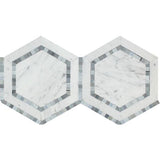 Carrara White Marble Polished 5" Hexagon Combination Mosaic Tile w / Blue-Gray