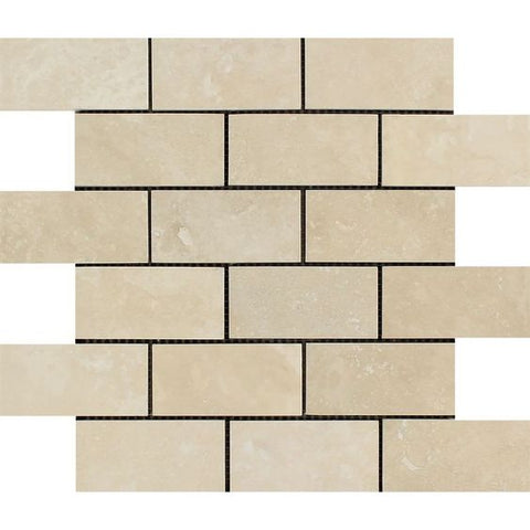 2 X 4 Ivory Travertine Honed Brick Mosaic - American Tile Depot - Shower, Backsplash, Bathroom, Kitchen, Deck & Patio, Decorative, Floor, Wall, Ceiling, Powder Room, Indoor, Outdoor, Commercial, Residential, Interior, Exterior