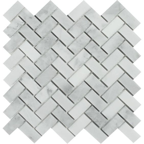 Bianco Venatino (Bianco Mare) Marble Polished 1 x 2 Herringbone Mosaic Tile