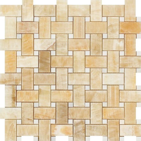 Honey Onyx Polished Basketweave Mosaic Tile w / White Dots