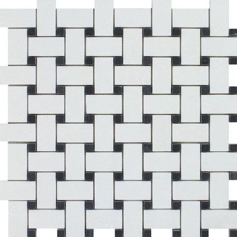 Thassos White Marble Polished Basketweave Mosaic Tile w/ Black Dots