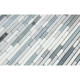 Carrara White Marble Polished Tricolor Bamboo Sticks Mosaic (Carrara + Thassos + Blue-Gray )