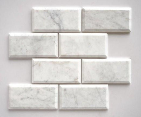 3 X 6 Carrara White Marble Polished & Deep-Beveled Field Tile - American Tile Depot - Shower, Backsplash, Bathroom, Kitchen, Deck & Patio, Decorative, Floor, Wall, Ceiling, Powder Room, Indoor, Outdoor, Commercial, Residential, Interior, Exterior