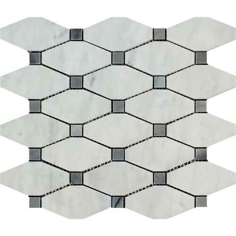 Carrara White Marble Polished Octave Pattern Mosaic Tile w/ Blue Gray Dots