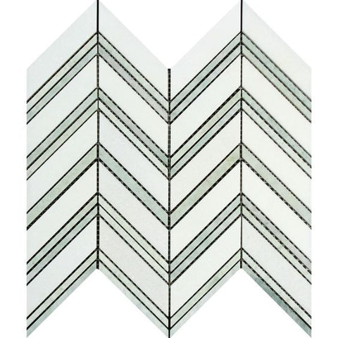 Thassos White Marble Honed Large Chevron Mosaic Tile w / Ming-Green Dots Strips