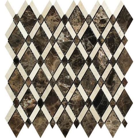 Emperador Dark Marble Polished Lattice Mosaic Tile w/ Crema Marfil Stripe