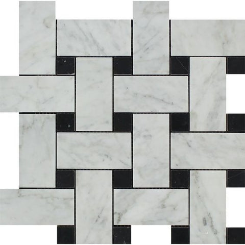 Carrara White Marble Polished Large Basketweave Mosaic Tile w/ Black Dots