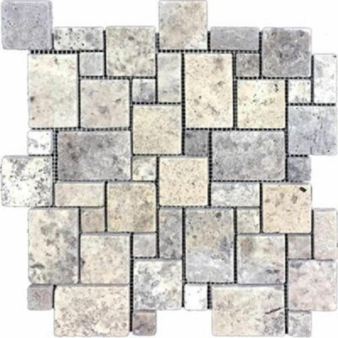 Silver Travertine Tumbled Micro-Pattern (Mini Versailles) Mosaic Tile