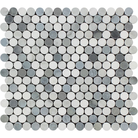 Thassos White Marble Polished Penny Round Mosaic Tile w/ Blue Gray Dots