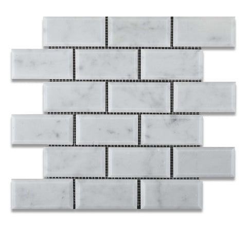 2 X 4 Carrara White Marble Honed & Beveled Brick Mosaic Tile - American Tile Depot - Shower, Backsplash, Bathroom, Kitchen, Deck & Patio, Decorative, Floor, Wall, Ceiling, Powder Room, Indoor, Outdoor, Commercial, Residential, Interior, Exterior