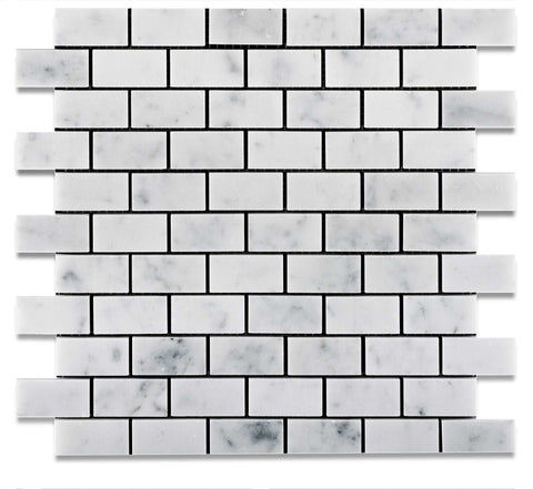 1 X 2 Carrara White Marble Polished Brick Mosaic Tile - American Tile Depot - Shower, Backsplash, Bathroom, Kitchen, Deck & Patio, Decorative, Floor, Wall, Ceiling, Powder Room, Indoor, Outdoor, Commercial, Residential, Interior, Exterior