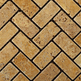 Gold / Yellow Travertine Tumbled 1 X 2 Herringbone Mosaic Tile - American Tile Depot - Commercial and Residential (Interior & Exterior), Indoor, Outdoor, Shower, Backsplash, Bathroom, Kitchen, Deck & Patio, Decorative, Floor, Wall, Ceiling, Powder Room - 2