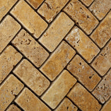 Gold / Yellow Travertine Tumbled 1 X 2 Herringbone Mosaic Tile - American Tile Depot - Commercial and Residential (Interior & Exterior), Indoor, Outdoor, Shower, Backsplash, Bathroom, Kitchen, Deck & Patio, Decorative, Floor, Wall, Ceiling, Powder Room - 3