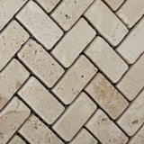 Ivory Travertine Tumbled 1 X 2 Herringbone Mosaic Tile - American Tile Depot - Commercial and Residential (Interior & Exterior), Indoor, Outdoor, Shower, Backsplash, Bathroom, Kitchen, Deck & Patio, Decorative, Floor, Wall, Ceiling, Powder Room - 2