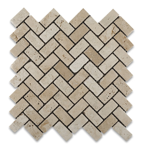 Ivory Travertine Tumbled 1 X 2 Herringbone Mosaic Tile - American Tile Depot - Commercial and Residential (Interior & Exterior), Indoor, Outdoor, Shower, Backsplash, Bathroom, Kitchen, Deck & Patio, Decorative, Floor, Wall, Ceiling, Powder Room - 1