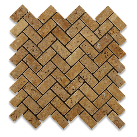 Gold / Yellow Travertine Tumbled 1 X 2 Herringbone Mosaic Tile - American Tile Depot - Commercial and Residential (Interior & Exterior), Indoor, Outdoor, Shower, Backsplash, Bathroom, Kitchen, Deck & Patio, Decorative, Floor, Wall, Ceiling, Powder Room - 1