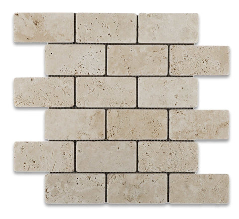 2 X 4 Ivory Travertine Tumbled Brick Mosaic Tile - American Tile Depot - Shower, Backsplash, Bathroom, Kitchen, Deck & Patio, Decorative, Floor, Wall, Ceiling, Powder Room, Indoor, Outdoor, Commercial, Residential, Interior, Exterior