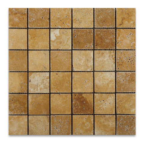 2 X 2 Gold / Yellow Travertine Tumbled Mosaic Tile - American Tile Depot - Shower, Backsplash, Bathroom, Kitchen, Deck & Patio, Decorative, Floor, Wall, Ceiling, Powder Room, Indoor, Outdoor, Commercial, Residential, Interior, Exterior