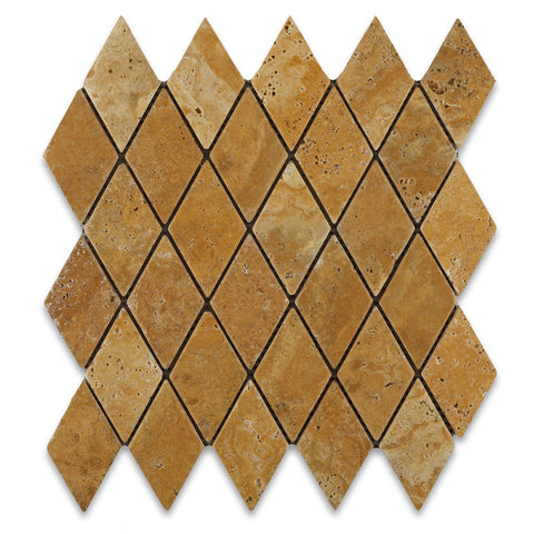 Gold / Yellow Travertine 2 X 4 Tumbled Diamond Mosaic Tile - American Tile Depot - Commercial and Residential (Interior & Exterior), Indoor, Outdoor, Shower, Backsplash, Bathroom, Kitchen, Deck & Patio, Decorative, Floor, Wall, Ceiling, Powder Room - 1