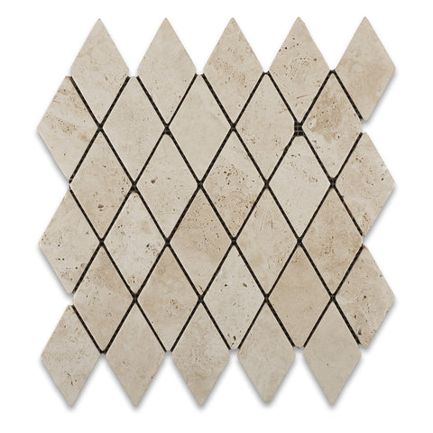 Ivory Travertine 2 X 4 Tumbled Diamond Mosaic Tile - American Tile Depot - Commercial and Residential (Interior & Exterior), Indoor, Outdoor, Shower, Backsplash, Bathroom, Kitchen, Deck & Patio, Decorative, Floor, Wall, Ceiling, Powder Room - 1