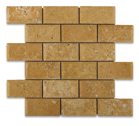 2 X 4 Gold / Yellow Travertine Honed & Beveled Brick Mosaic - American Tile Depot - Shower, Backsplash, Bathroom, Kitchen, Deck & Patio, Decorative, Floor, Wall, Ceiling, Powder Room, Indoor, Outdoor, Commercial, Residential, Interior, Exterior