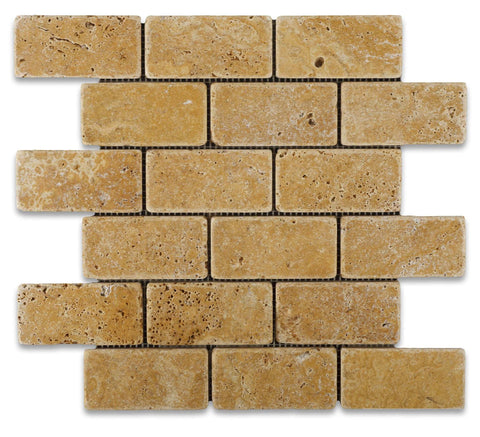 2 X 4 Gold / Yellow Travertine Tumbled Brick Mosaic Tile - American Tile Depot - Shower, Backsplash, Bathroom, Kitchen, Deck & Patio, Decorative, Floor, Wall, Ceiling, Powder Room, Indoor, Outdoor, Commercial, Residential, Interior, Exterior