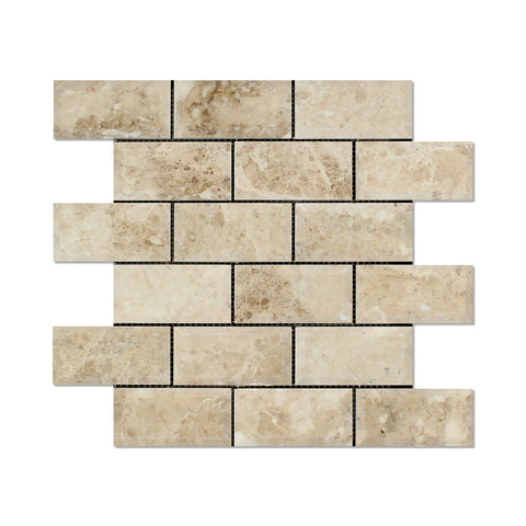 2 X 4 Cappuccino Marble Polished & Beveled Brick Mosaic Tile - American Tile Depot - Shower, Backsplash, Bathroom, Kitchen, Deck & Patio, Decorative, Floor, Wall, Ceiling, Powder Room, Indoor, Outdoor, Commercial, Residential, Interior, Exterior