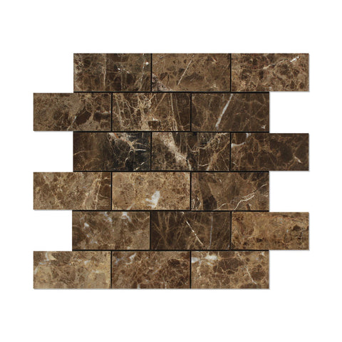 2 X 4 Emperador Dark Marble Polished Brick Mosaic Tile - American Tile Depot - Shower, Backsplash, Bathroom, Kitchen, Deck & Patio, Decorative, Floor, Wall, Ceiling, Powder Room, Indoor, Outdoor, Commercial, Residential, Interior, Exterior