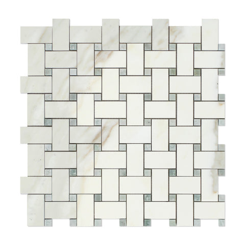 Calacatta Gold Marble Basketweave Mosaic Tile Honed w/ Ming-Green Dots- American Tile Depot