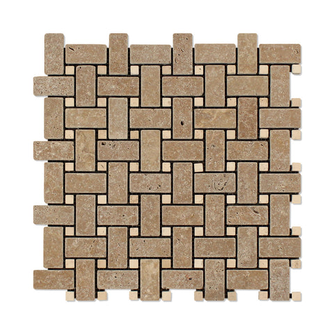 Noce Travertine Basketweave Mosaic Tile Tumbled-Noce Dots- American Tile Depot