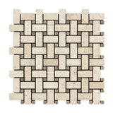 Ivory Travertine Tumbled Basketweave Mosaic Tile w/ Noce Dots - American Tile Depot - Commercial and Residential (Interior & Exterior), Indoor, Outdoor, Shower, Backsplash, Bathroom, Kitchen, Deck & Patio, Decorative, Floor, Wall, Ceiling, Powder Room - 1