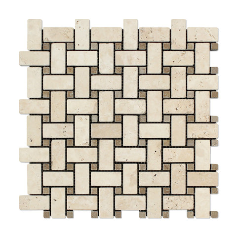 Ivory Travertine Tumbled Basketweave Mosaic Tile w/ Noce Dots - American Tile Depot - Commercial and Residential (Interior & Exterior), Indoor, Outdoor, Shower, Backsplash, Bathroom, Kitchen, Deck & Patio, Decorative, Floor, Wall, Ceiling, Powder Room - 1