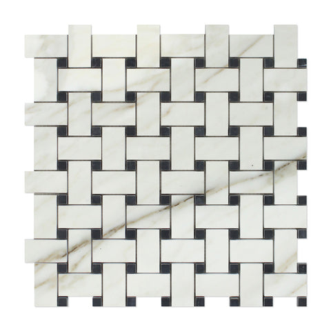 Calacatta Gold Marble Basketweave Mosaic Tile Polished w/ Black Dots- American Tile Depot