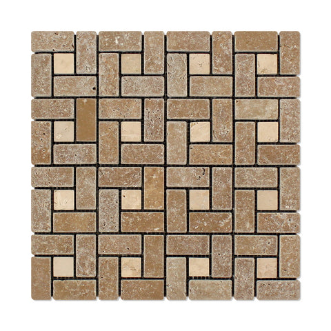 Noce Travertine Pinwheel Mosaic Tile Tumbled-Noce Dots- American Tile Depot