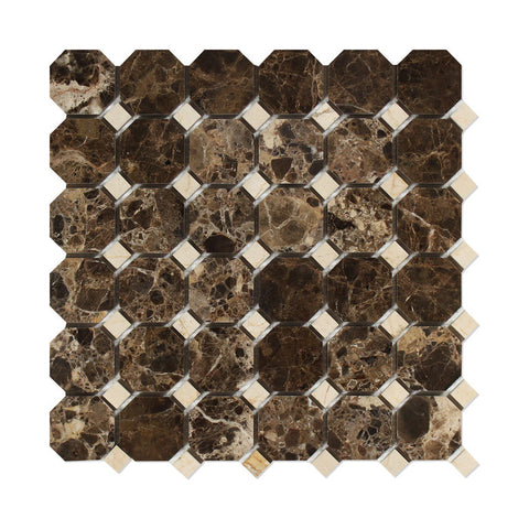 Emperador Dark Marble Polished Octagon Mosaic Tile w/ Crema Marfil Dots