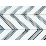 Thassos White Marble Polished Large Chevron Mosaic Tile w / Blue-Gray Dots Strips